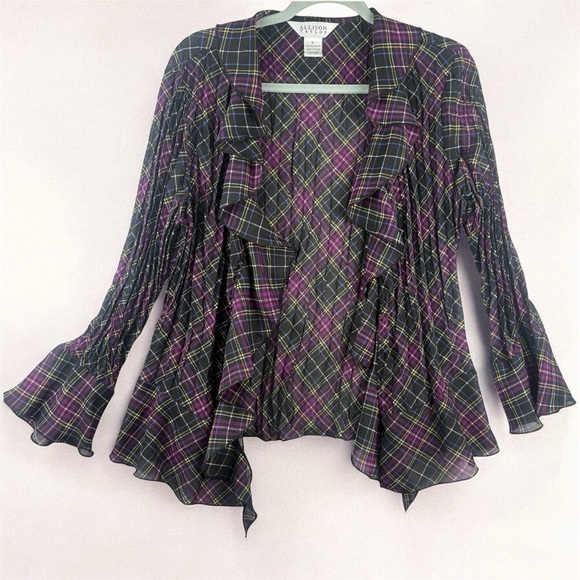 VTG Allison Taylor Purple Plaid Accordion Ruffle Open Sheer Blouse XL 90s Y2K - Picture 1 of 9